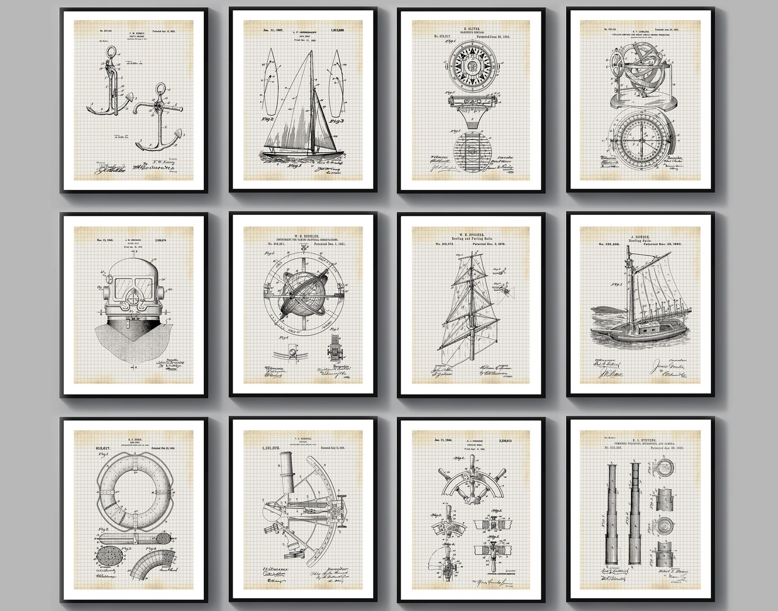 12 Nautical Patent Blueprint Gift for Sailor Beach House Decor Sailing ...