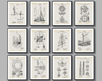 12 Nautical Patent Blueprint Gift for Sailor Beach House Decor Sailing Patent Art Sailing Invention Vintage Wall Decor Patent Wall Art