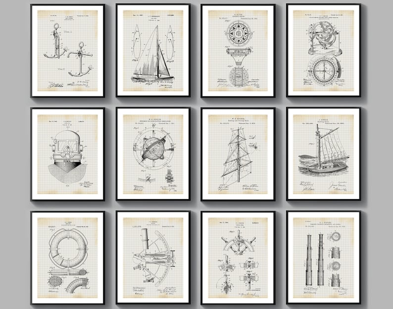 12 Nautical Patent Blueprint Gift for Sailor Beach House Decor Sailing ...