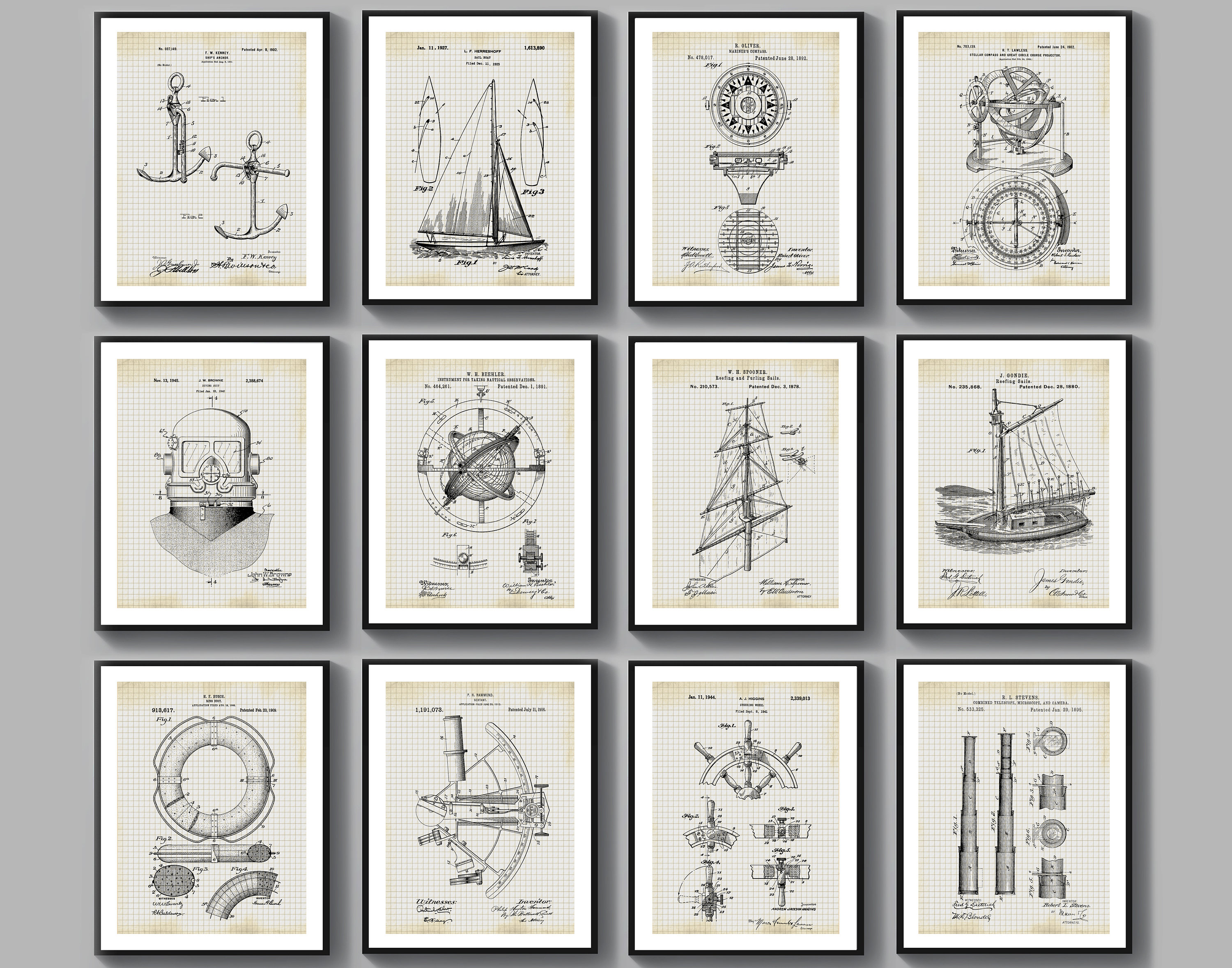 12 Nautical Patent Blueprint Gift for Sailor Beach House Decor Sailing ...