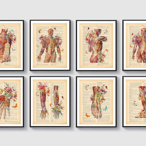 8 Anatomical Drawings Vintage Dictionary Art Medical Decor Massage Clinic Wall Art Watercolor Painting Muscular System and Flowers Art