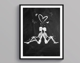 May include: Black and white illustration of two skeletons sitting back to back with their arms around each other. A heart with butterflies is above them.