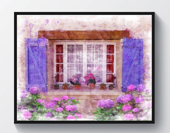 窓辺の水彩画の花のアート プロヴァンスのアート フランスのアート 村