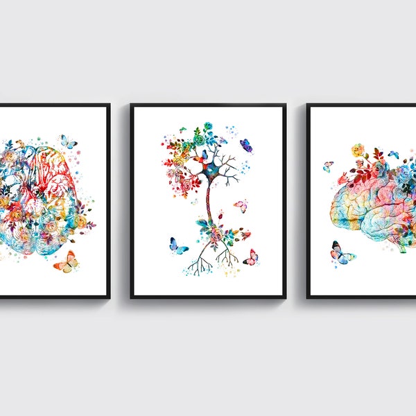 3 Art de l'anatomie du cerveau Art du neurone Art de la neurologie Art médical Art de la science Cadeau de neurologue Cadeau de psychologue Cadeau de scientifique