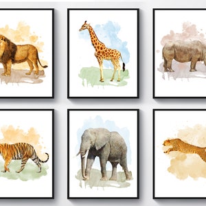 Wild Animals Watercolor Art Prints, Safari Animals Types, Watercolor Lion, Tiger, Elephant, Giraffe Wall Decor, Kids Room Art, Nursery Art