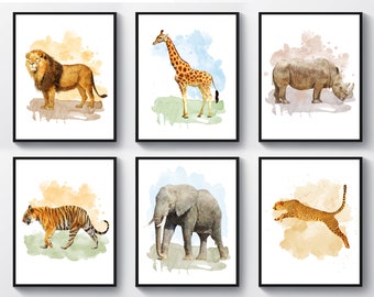 Wild Animals Watercolor Art Prints, Safari Animals Types, Watercolor Lion, Tiger, Elephant, Giraffe Wall Decor, Kids Room Art, Nursery Art