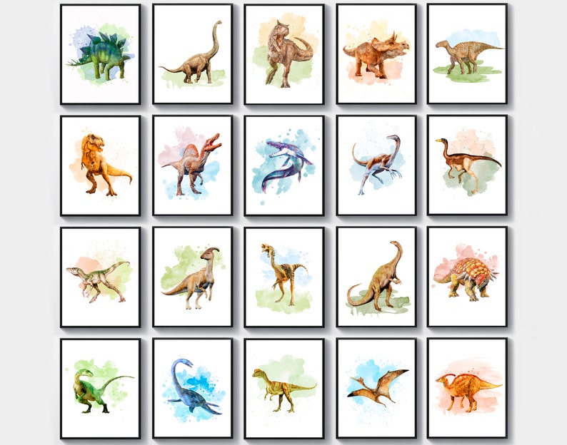20 Dinosaurs Types Poster Fossil Art Jurassic Reptiles Art Watercolor ...