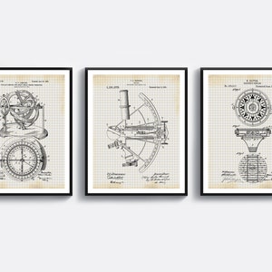 3 Seafaring Patent Art Nautical Blueprint Marine Art Sailing Equipment Scheme Poster Sextant Patent Compass Patent Boating Art Sailing Art