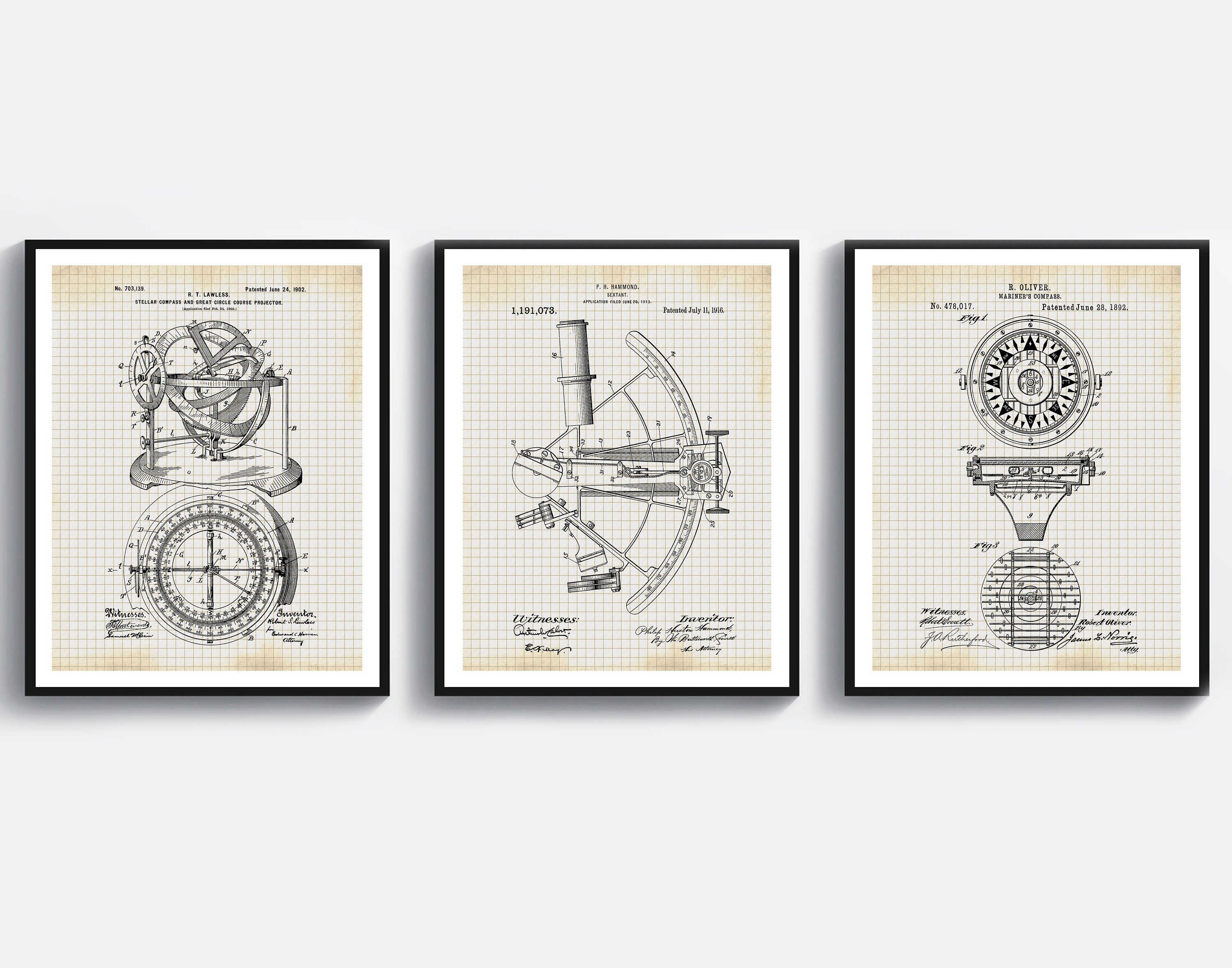 3 Seafaring Patent Art Nautical Blueprint Marine Art Sailing Equipment ...