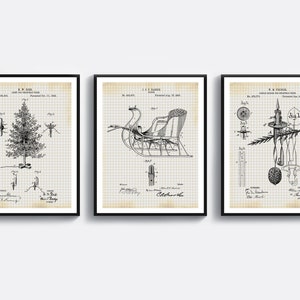 May include: Set of three vintage Christmas-themed patent drawings. The first drawing shows a Christmas tree, the second shows a sleigh, and the third shows a Christmas tree topper.