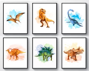 6 Dinosaurs Print Jurassic Period T-Rex Stegosaurus Pterosaur Triceratops Dinosaur Wall Decor Dino Poster Kids Room Decor Nursery Printable