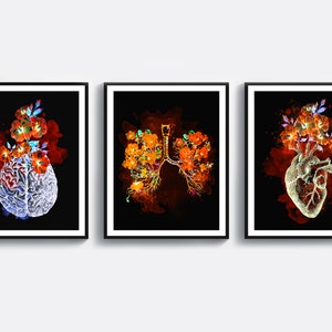 3 Anatomy Art Watercolor Medical Decor Human Brain Artwork Anatomical Heart Art Floral Lungs Painting Doctor Office Art Nurse Graduation