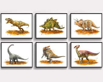 6 Dinosaur Art Jurassic Poster Watercolor T-Rex Stegosaurus Triceratops Brontosaurus Spinosaurus Parasaurolophus Kids Room Decor