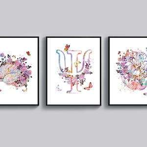 Psychology Art, Floral Brain Painting, PSI Symbol Wall Decor, Medical Poster, Psychologist Office Gift, Psychiatrist Gift, Scientist Gift