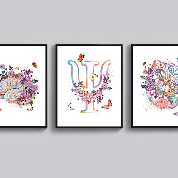 Psychologie Kunst, Floral Brain Painting, PSI Symbool Wall Decor, Medische Poster, Psycholoog Office Gift, Psychiater Gift, Wetenschapper Gift