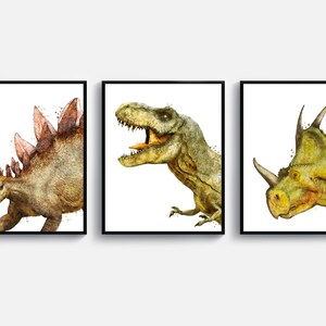 3 Watercolor Dinosaur Art Tyrannosaurus Styrakosaurus Stegosaurus T-Rex Poster Jurassic Fossil Art Biology Art Kids Bedroom Decor