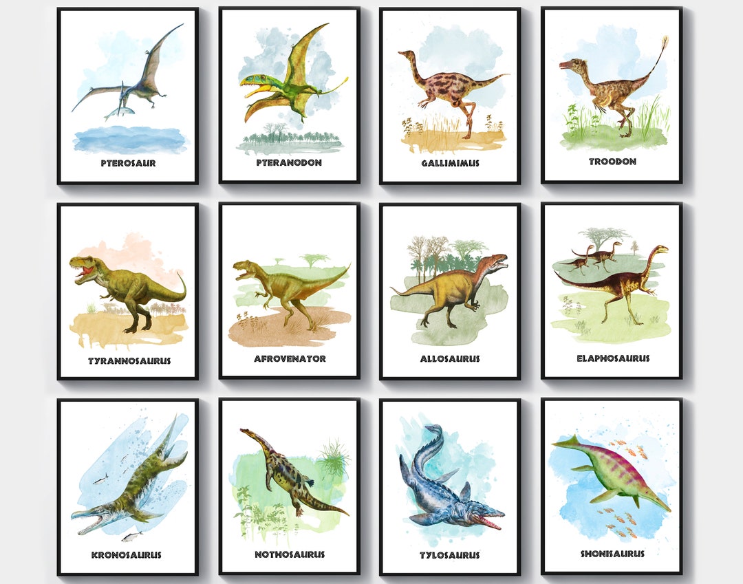 Set 12 Dinosaurs Posters Dinosaurs Types With Names Watercolor Art Kids Room Decor Dinosaur