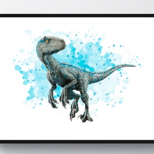 Dinosaur Velociraptor Watercolor Print, Dinosaur Poster, Dinosaur Wall Decor, Kids Room Art, Nursery Printable, Dinosaur Lover Gift