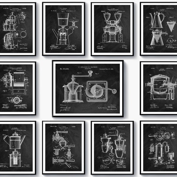 11 Stampa di brevetti per la preparazione del caffè Progetto di caffè Macinacaffè Poster Schema di torrefazione del caffè Decorazione della parete della cucina Decorazione del bar del caffè Bere arte