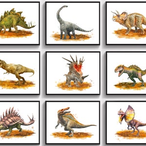 Set di 9 stampe di dinosauri ad acquerello, T-Rex, Stegosauro, Triceratopo, Brontosauro, Spinosauro, Anchilosauro, Dilofosauro, Arte per la stanza, Regalo di compleanno