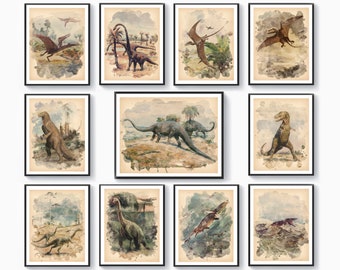 11 Vintage dinosaur decor, Watercolor dinosaur art, Biology art, Animal art, Antique illustration, Dinosaur fan gift, Kids room decoration