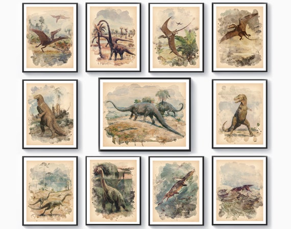 11 Vintage dinosaur decor, Watercolor dinosaur art, Biology art, Animal art, Antique illustration, Dinosaur fan gift, Kids room decoration