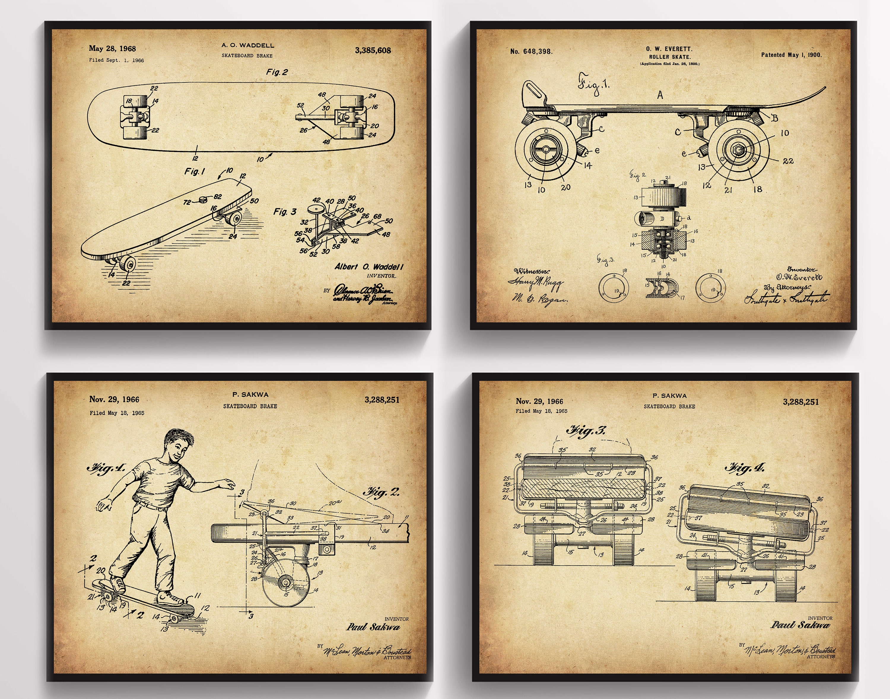 4 Regalos de patinador, patineta vintage, patente de arte, plano de patineta, arte deportivo, decoración de habitación para niños, tienda de patinetas
