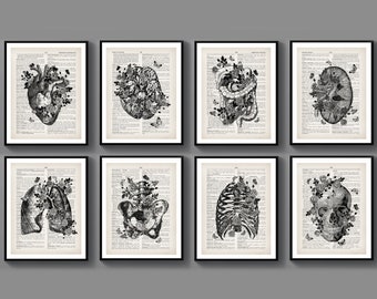 8 Black White Anatomy Art Vintage Medical Dictionary Page Art Drawing Human Organ Flower Decor Doctor Gift Nurse Gift Digital Download