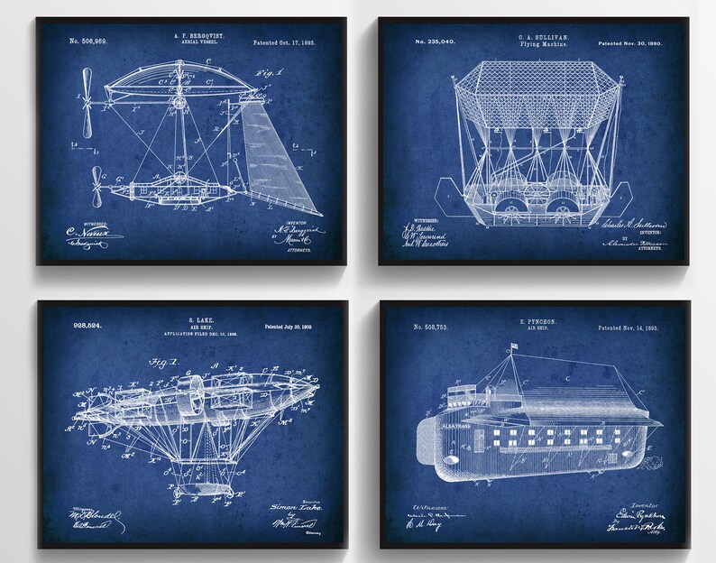 4 Aviation Art Airship Blueprint Flying Apparatus Patent Art Plane ...