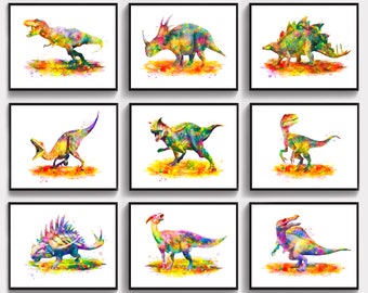 Conjunto de pôsteres de dinossauros arco-íris com 9 aquarelas T-Rex Velociraptor Estegossauro Triceratops Espinossauro Decoração de parede para quarto de meninos Presente de aniversário