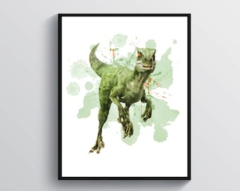 Arte de raptor, acuarela, dinosaurio, velociraptor, fauna jurásica, reptiles, biología, regalo para amantes de los dinosaurios, decoración de dormitorio para niños.