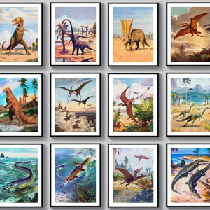 Set 12 Dinosaur Illustration Vintage Decor Ancient Animal Art Giant Reptile Poster Dimothrodon Iguanodon Pteranodon Tarbosaurus Printable