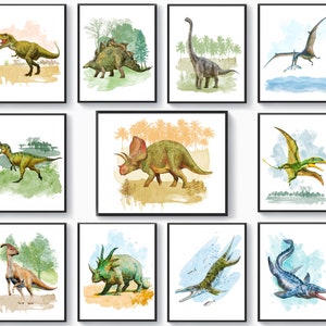 11 ilustraciones de dinosaurios en acuarela, arte de dinosaurios jurásicos, decoración de habitación infantil, pintura de dinosaurios, Triceratops, Trex, Brontosaurio, póster de dinosaurios