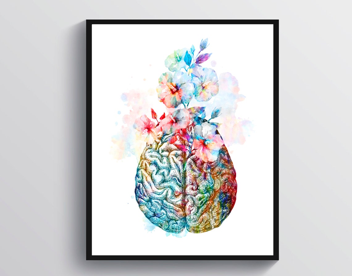 Watercolor Brain Art Floral Anatomy Art Neurologist Gift Neurosurgeon ...