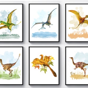 6 dinosaures volants, affiche de dinosaures à plumes, aquarelle, décoration de dinosaure, chambre d&#39;enfants, décoration de salle de jeux, dinosaure, décoration de fête, chambre d&#39;enfant