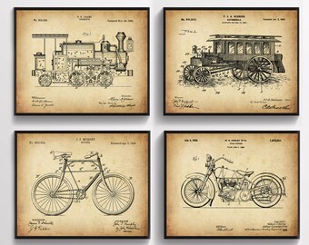 4 Vintage Transport Blueprint Art Locomotive Patent Motorcycle Patent Car Patent Bicycle Patent Scheme Wall Decor Boys Room Decor