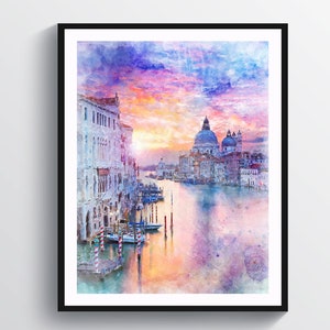 Venice Italy Watercolor Art Venice Cityscape Sunset Art  Santa Maria Della Salute Church Travel Decor
