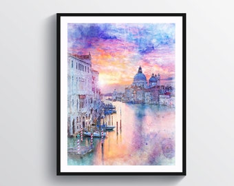 Venice Italy Watercolor Art Venice Cityscape Sunset Art  Santa Maria Della Salute Church Travel Decor