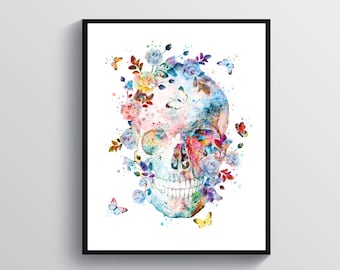 May include: A watercolor painting of a human skull with colorful flowers and butterflies. The skull is painted in shades of blue, pink, and green, and the flowers are in shades of pink, purple, and yellow. The butterflies are in shades of blue, green, and orange.