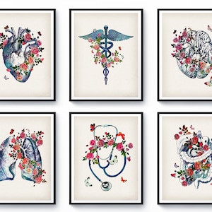 6 Vintage Anatomy Art Anatomical Heart Lungs Brain Poster Caduceus Art Stethoscope Art Medical Art Doctor Graduation Nurse Gift Clinic Decor