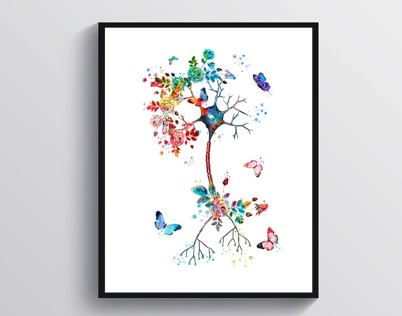 K&ouml;nnte beinhalten: Ein farbenfrohes Aquarellbild eines Neurons, einer Nervenzelle, mit einer baumartigen Struktur und Blumen. Das Neuron ist mit einem zentralen Zellk&ouml;rper, einem Axon und Dendriten dargestellt. Die Blumen sind in Schattierungen von Rosa, Rot, Orange, Gelb und Blau. Schmetterlinge fliegen um das Neuron herum.