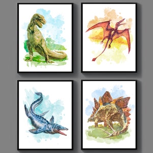4 Watercolor Dinosaur Art Tyrannosaurus T-Rex Stegosaurus Tylosaurus Rhamphorychus Wall Decor Kids Room Decor Boys Birthday Gift