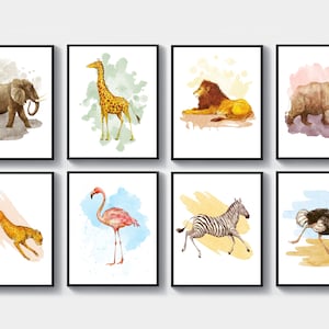 Watercolor Safari Animals Poster Set of 8, Wild Animals Decor, Lion, Elephant, Giraffe, Zebra, Kids Room Wall Art, Nursery Printable