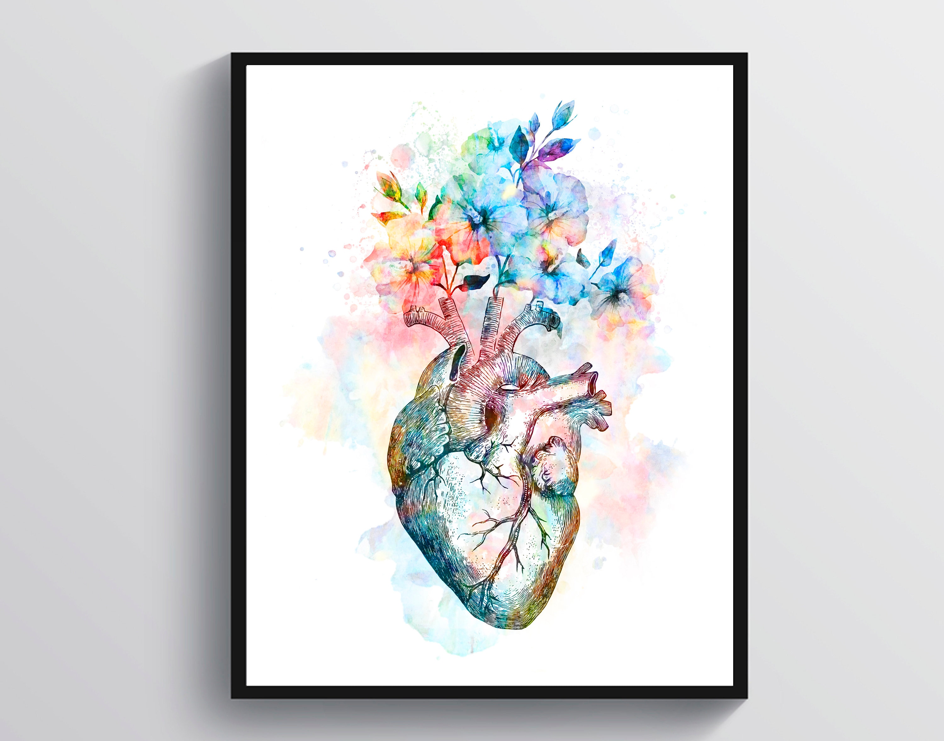 Watercolor Floral Heart Art Anatomy Art Cardiologist Gift Nurse Art ...