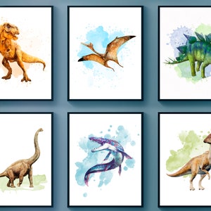 6 Watercolor Dinosaur Posters T-Rex Print Dinosaur Lover Gift Kids Room Decor Stegosaurus Pterosaurus Brontosaurus Painting Christmas Gift