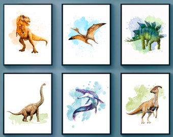6 Watercolor Dinosaur Posters T-Rex Print Dinosaur Lover Gift Kids Room Decor Stegosaurus Pterosaurus Brontosaurus Painting Christmas Gift