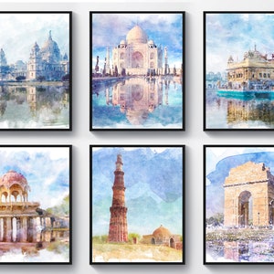 India Monuments Watercolor Art Taj Mahal Gutub Minar India Gate Drawing Indian Temple Art Yoga Center Wall Decor Yoga Teacher Gift Idea