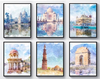 India Monuments Watercolor Art Taj Mahal Gutub Minar India Gate Drawing Indian Temple Art Yoga Center Wall Decor Yoga Teacher Gift Idea