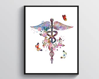 Caduceus art, Floral caduceus, Medical artwork, Caduceus painting, Caduceus wall decor, Doctor office gift, Medical office art, Clinic decor