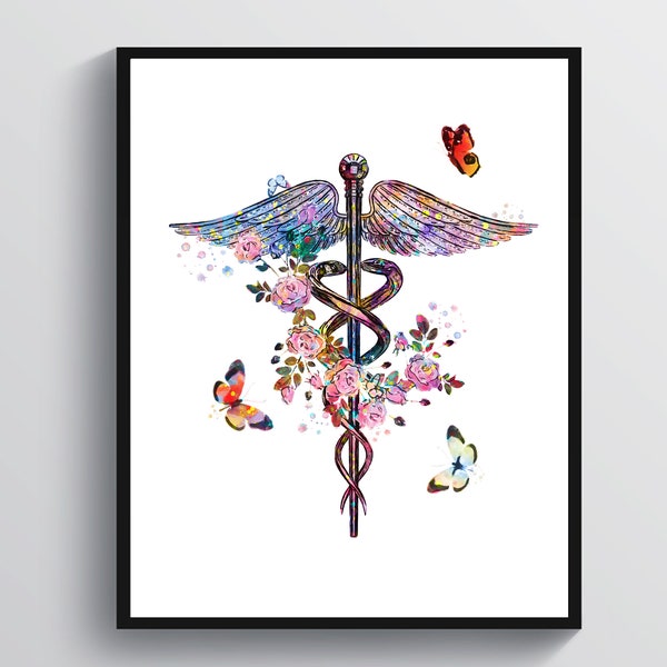 Caduceus kunst, Floral caduceus, Medische kunstwerken, Caduceus schilderij, Caduceus wand decor, Dokter kantoor cadeau, Medische office art, Kliniek decor